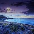 Sea Ã¢â¬â¹Ã¢â¬â¹wave breaks about boulders at night Royalty Free Stock Photo